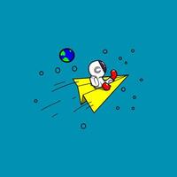 astronaut boy is riding a paper plane in outer space vector