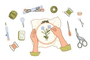 Female Hands Embroidering Flowers on a Hoop Canvas, Threads Spools, Scissors and Mulin Floss isolated on a white background. Needlework concept. Top view. colored Hand drawn illustration in vector