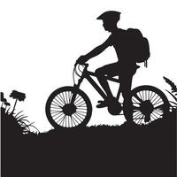 Silhouette of a bicycle with its rider standing beside it on a white background vector