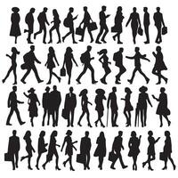 Silhouettes of people in various dynamic and walking set with white background vector