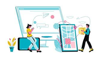 Banner for online shopping and delivery tracking using mobile device with buyer and deliver. Internet purchasing and cargo tracking. vector