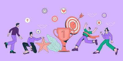 Business goal achievement and success concept banner with business team moving towards the goal. Achievement and teamwork on common tasks. vector
