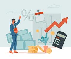 Accounting and tax calculation concept banner with business woman surrounded by money and calculation symbols. Budget management, audit and accounting document flow. vector