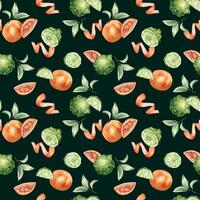 Citrus grapefruit and bergamot fruits slices and leaves on watercolor seamless pattern isolated. Hand drawn ripe plants with bright orange green peel in botanical sketch style for textile, package. vector