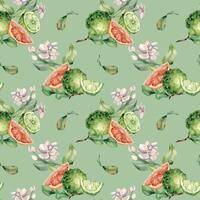 Jasmine branch and ripe fruits watercolor seamless pattern isolated on green. Bergamot and grapefruit drawing. Floral summer print with slices citrus hand drawn for packaging, wrapping paper, textile. vector