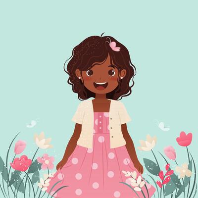 Summer or spring mood. Cute little girl smiling and standing in a meadow with herbs and flowers. This cartoon illustration is perfect for childish designs and prints.