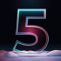 3D glass number 5 with neon light insight. Big realistic symbol with sparkles and winter background. Futuristic holiday decoration. Element for design poster, advertisign or game vector