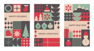 Geometric banners with mosaic elements for Christmas and New Year, featuring traditional winter holiday symbols in a trendy design, ideal for cards and social media. vector