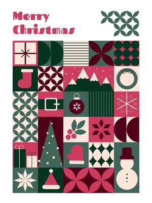 Geometric pattern featuring mosaic Christmas elements, designed for a New Year and Christmas greeting card or banner, combining modern aesthetics with festive cheer.
