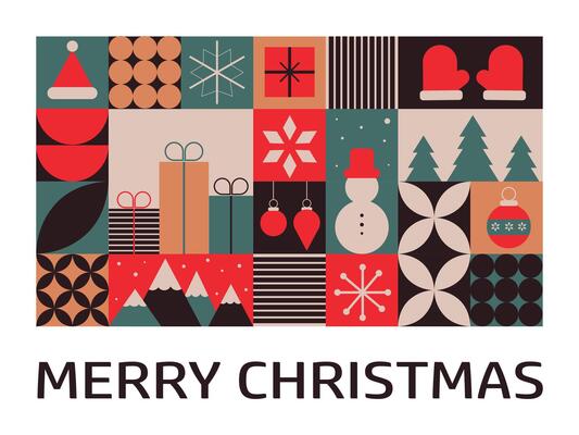 Geometric Christmas pattern with a trendy mosaic design, perfect for a greeting card featuring Christmas and New Year themes.