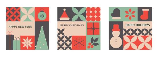 Set of geometric banners featuring Christmas and mosaic elements, designed for greeting cards celebrating New Year and Christmas with a modern and festive touch. vector