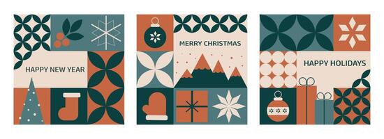 Set of colorful, trendy templates with geometric abstract designs for Christmas and New Year, featuring mosaic elements and traditional winter holiday symbols. vector