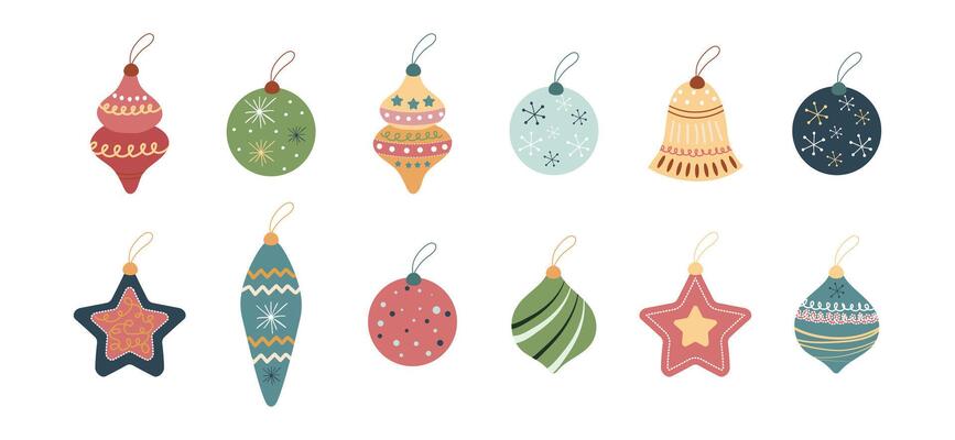 Set of Christmas decorations. Bright Christmas toys. Decoration for the Christmas tree.