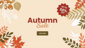fall banner. Autumn banner with sale ad lettering text composition and colorful fall leaves on beige background. Beautiful autumn background with different leaves. Leaves decoration banner vector