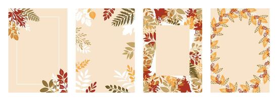 Autumn vertical banners with failing dry colorful leaves on beige backgrounds with empty copy space. Social media post, web advertisement, greeting card. Autumn season special offer vertical promotion vector