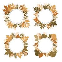 Circle empty greeting cards templates with autumn leaves. Collection of fall themed frames with design nature elements featuring leaves. Rustic hand drawn floral wreath in traditional autumn colors vector