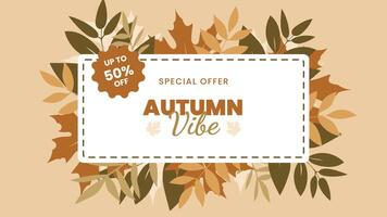 Horizontal banner with frame from colorful autumn leaves. Hand painted illustration. Beautiful greeting card with sale lettering text composition or copy space. Warm autumn colors, khaki brown, beige vector