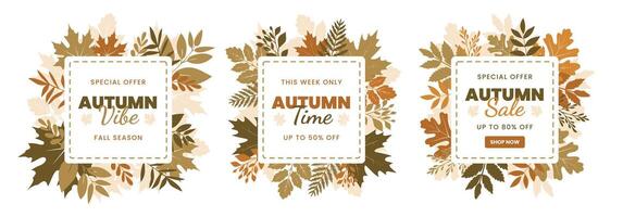 Square greeting cards with sale text and autumn leaves. Collection of fall themed frames with design nature elements featuring leaves. Rustic hand drawn floral wreath in traditional autumn colors vector