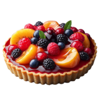 Fresh fruit tart with colorful berries and peaches on transparent background png