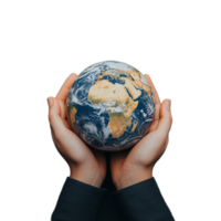 Hands holding Earth globe representing world unity and global care on transparent background png