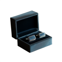Elegant cufflinks in an open black box on transparent background, perfect for formal events and gifting occasions png