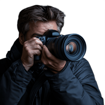 professionale fotografo cattura un Immagine con un' dslr telecamera su un' trasparente sfondo, messa a fuoco intensamente mentre indossare un' buio giacca, in mostra abilità e concentrazione. png