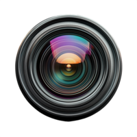 Close-up view of a camera lens with vibrant reflections on a transparent background showcasing the intricate design and precision of modern photography equipment. png