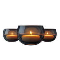 Three elegant glass candle holders with glowing candles illuminated against a transparent background creating a serene and warm ambiance perfect for relaxation and meditation scenes png