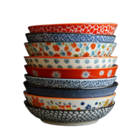 Stack of colorful ceramic bowls with intricate patterns on transparent background, showcasing a blend of traditional and modern design styles ideal for kitchenware and home decor png
