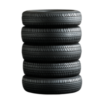 Stack of five black car tires on a transparent background showcasing treads and texture for automotive design and transport concepts. png