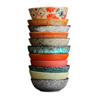 Stack of colorful ceramic bowls with various patterns on transparent background png