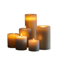 Group of glowing candles with a warm, soft light on a transparent background, creating a peaceful and serene atmosphere with diverse sizes and heights. png