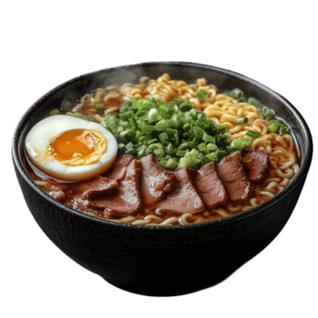 delicioso cuenco de ramen con rebanado cerdo, hervido huevo, y verde cebollas en Rico caldo en un transparente antecedentes png