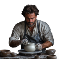 Skilled potter shaping clay on a pottery wheel with focus and concentration, surrounded by handmade ceramic bowls on a workbench in a workshop setting png