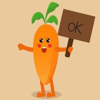 Happy carrot illustrations waving hand holding empty banner or board sign with ok text vector