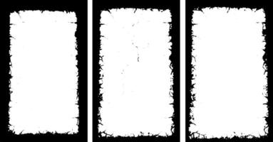 three white vertical banners with black borders, a square frame with black and white grunge effect paint set vector