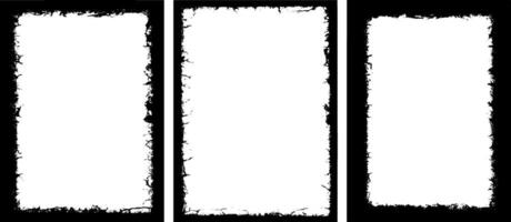 three black and white vertical grungy vintage photo frames with white paint, a square frame with black and white grunge effect paint, vector