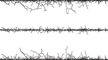 a set of four black and white images of branches, A set of black and white fence lines with different shapes, a border wire with barbed wire, barbed with a line vector