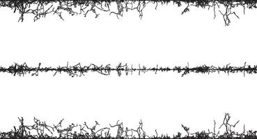 a black and white image of a tree with branches, A set of black and white fence lines with different shapes, a border wire with barbed wire, barbed with a line vector