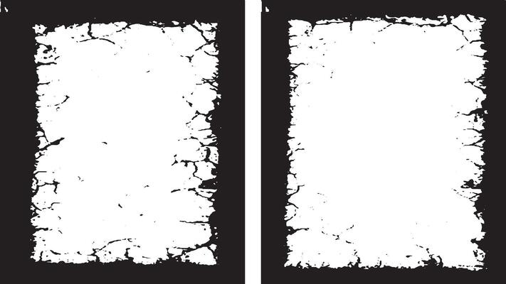 two black and white frames with cracks on them, three white vertical banners with black borders, a square frame with black and white grunge effect paint set