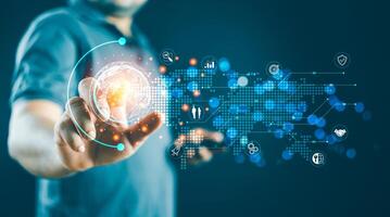 Businessman touching global structure networking and data exchanges connection. Financial and banking photo