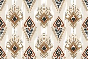 Geometric Ikat pattern in earthy tones of brown, beige, and black featuring traditional tribal motifs, perfect for textiles, upholstery, wallpaper, and fashion, adding rustic charm to any design. vector