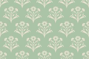 Seamless floral damask pattern in light cream color on a light green background. Ideal for use as wallpaper, home decor, fabric and crafts. Classic, elegant and vintage decorative design. vector