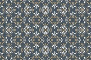 Seamless damask pattern in elegant white and gold floral motifs on a navy blue background. Ideal for use as wallpaper, fabric and home decor. vector