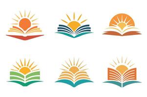 Knowledge icon pack with sun rays and book logo illustrating growth and lifelong learning vector