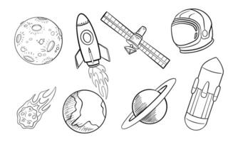 Hand-Drawn Sketch of Space Objects Including Planets, Rockets, and an Astronaut Helmet vector