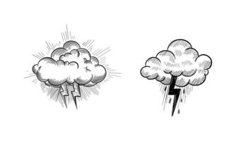 Hand-Drawn Black and White Illustrations of Storm Clouds with Lightning and Rain vector