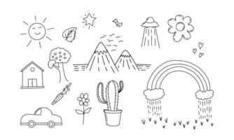 Hand-drawn black and white doodle illustrations of various objects and elements vector