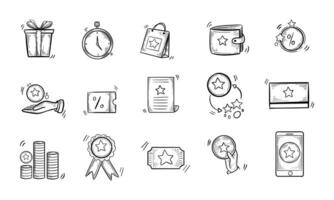Hand-drawn Doodle Icons Representing Rewards, Discounts, and Customer Loyalty Programs vector