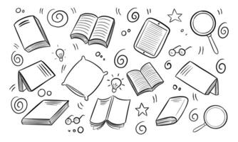 Hand-drawn doodles of books, a tablet, and reading-related objects vector